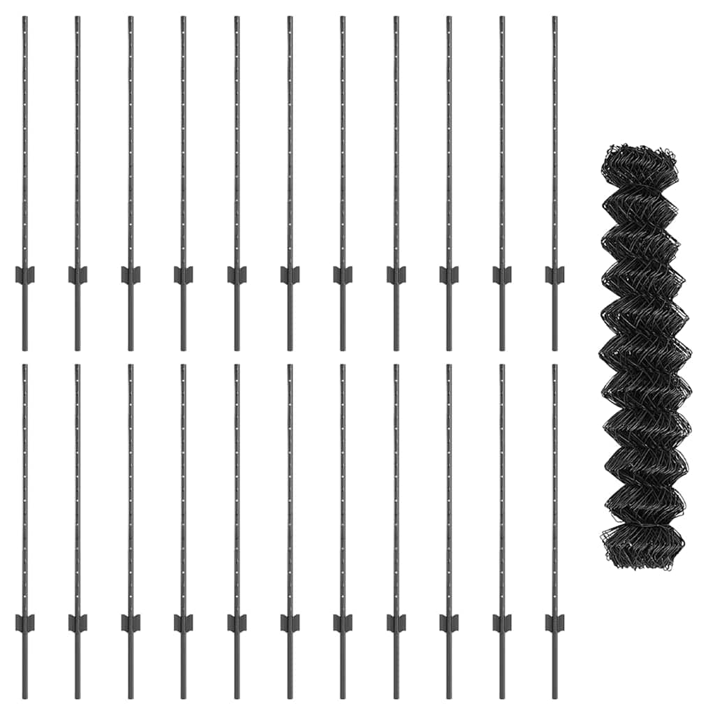 Zaun mit Pfosten Grau 1 x 25 m Stahl