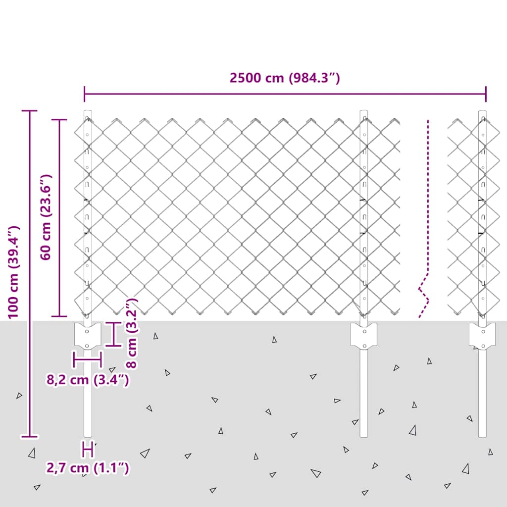Zaun mit Pfosten Grau 0,6 x 25 m Stahl