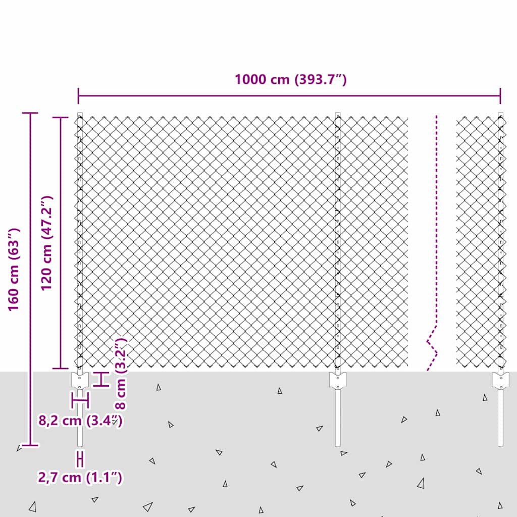 Zaun mit Pfosten Silber 1.2 x 10 m Stahl