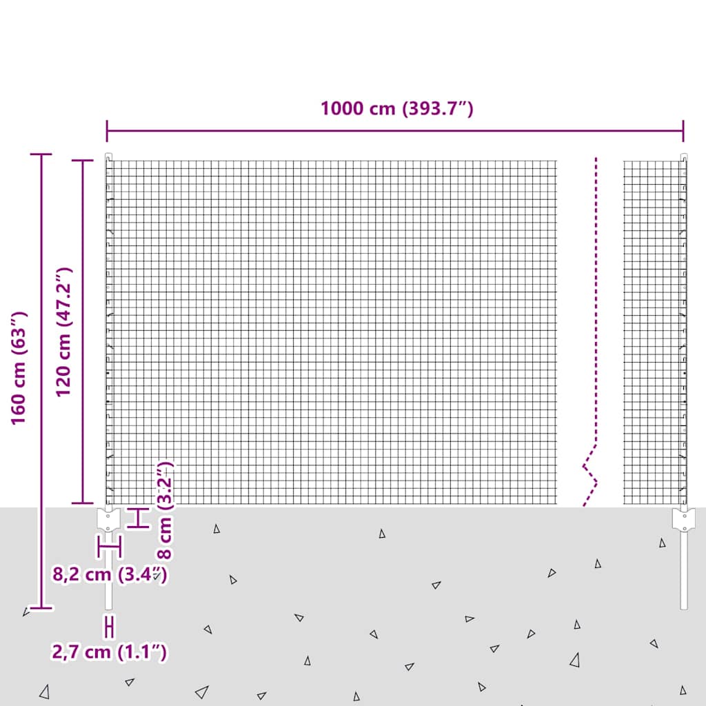 Zaun mit Pfosten Silber 1.2 x 10 m Stahl