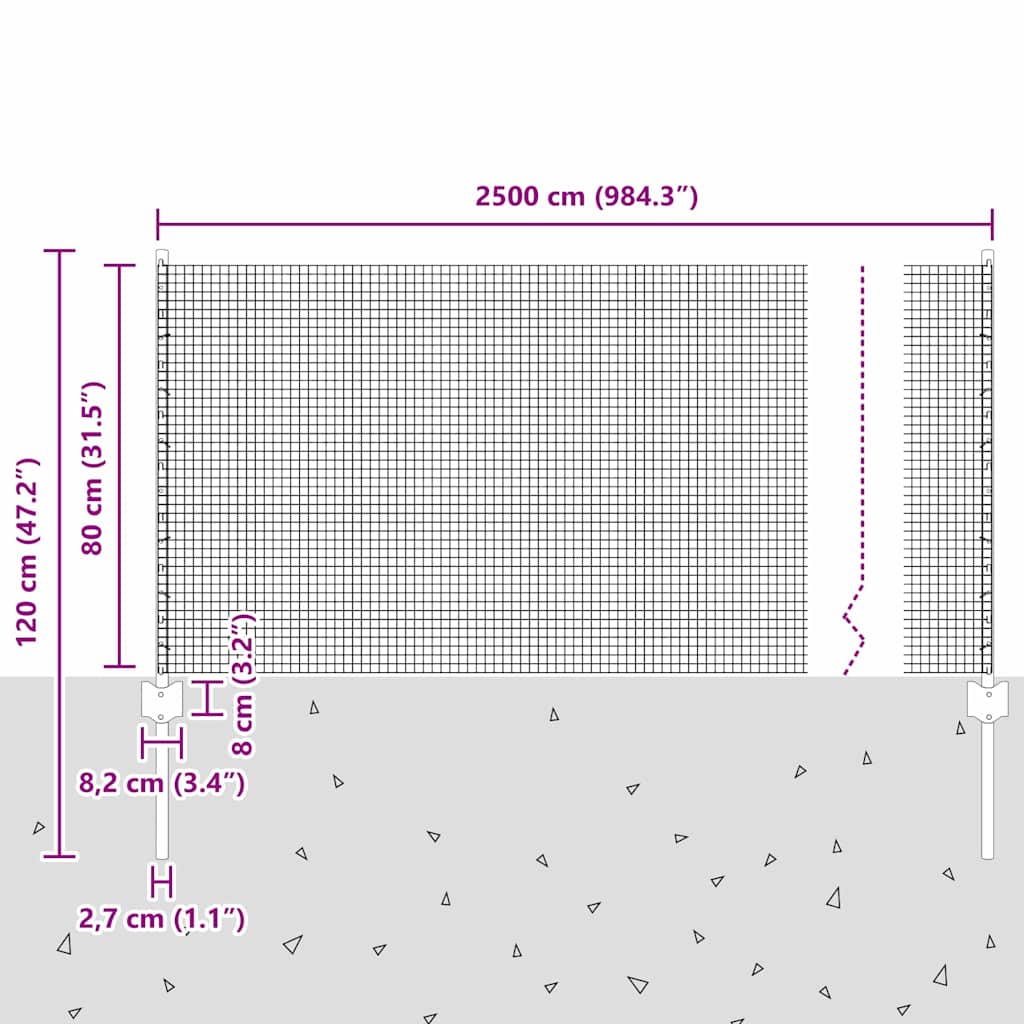 Zaun mit Pfosten Silber 0.8 x 25 m Stahl