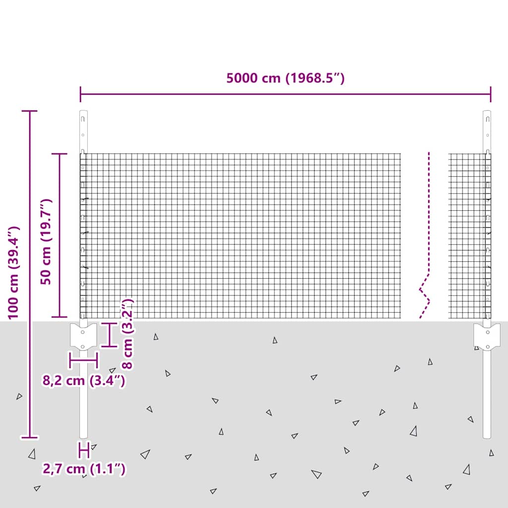 Zaun mit Pfosten Silber 0,5 x 50 m Stahl