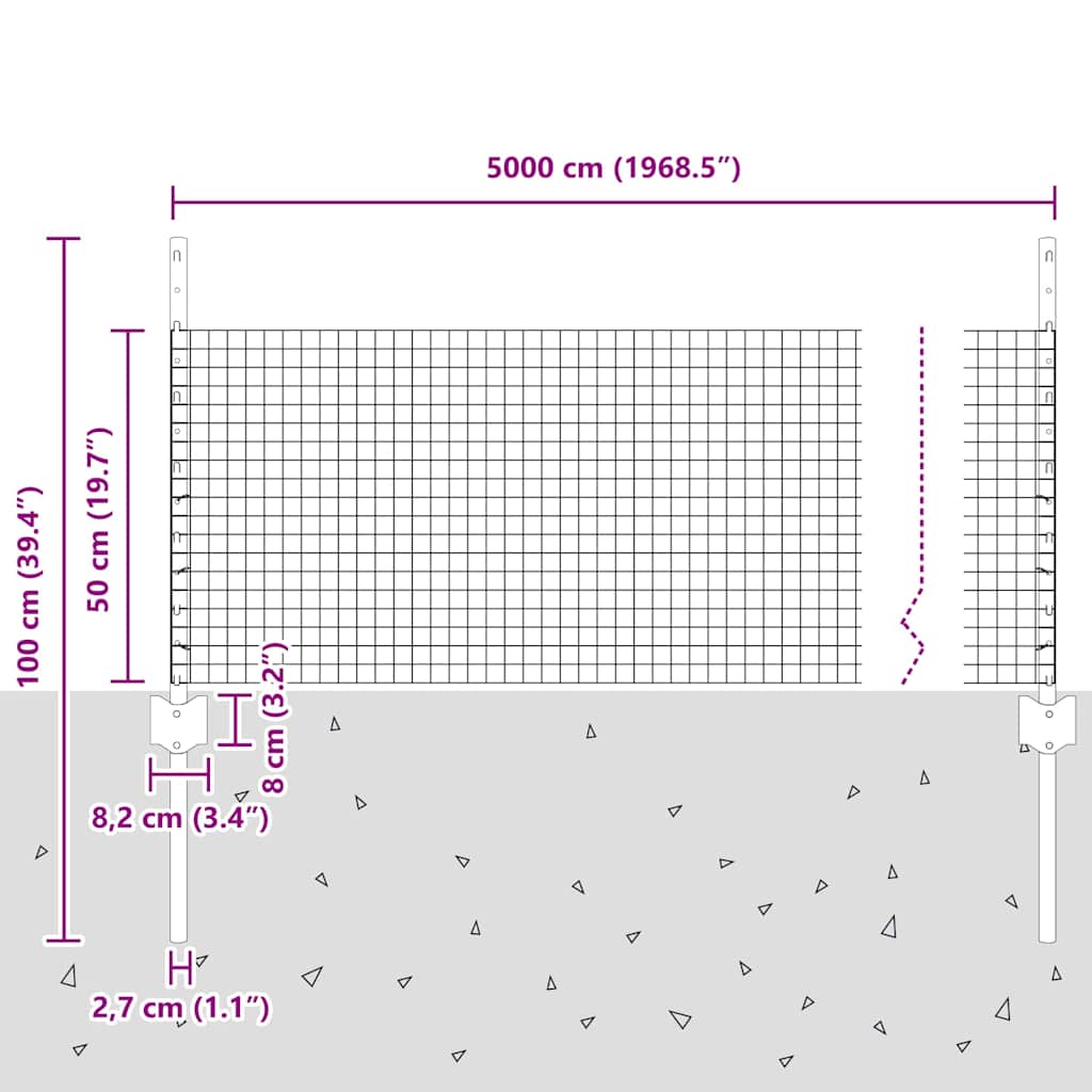 Zaun mit Pfosten Silber 0,5 x 50 m Stahl