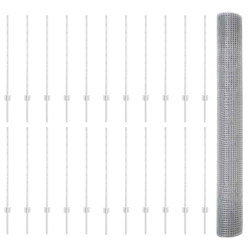 Zaun mit Pfosten Silber 1 x 50 m Stahl
