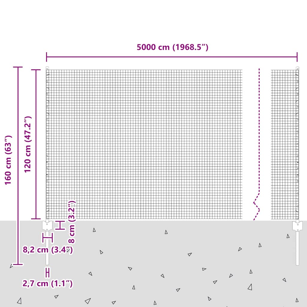 Zaun mit Pfosten Silber 1.2 x 50 m Stahl