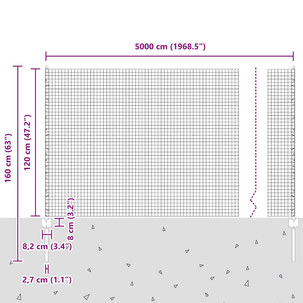 Zaun mit Pfosten Silber 1.2 x 50 m Stahl