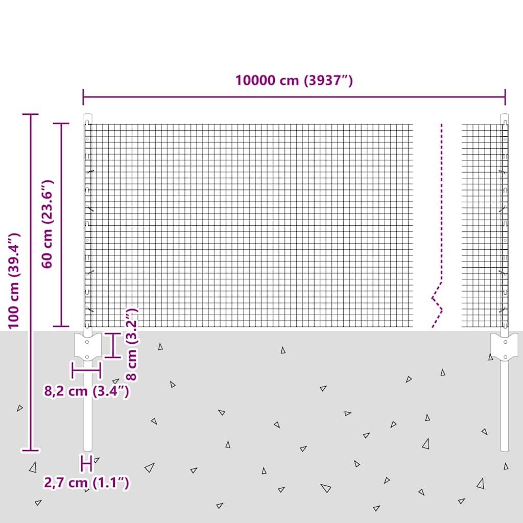 Zaun mit Pfosten Silber 0,6 x 100 m Stahl