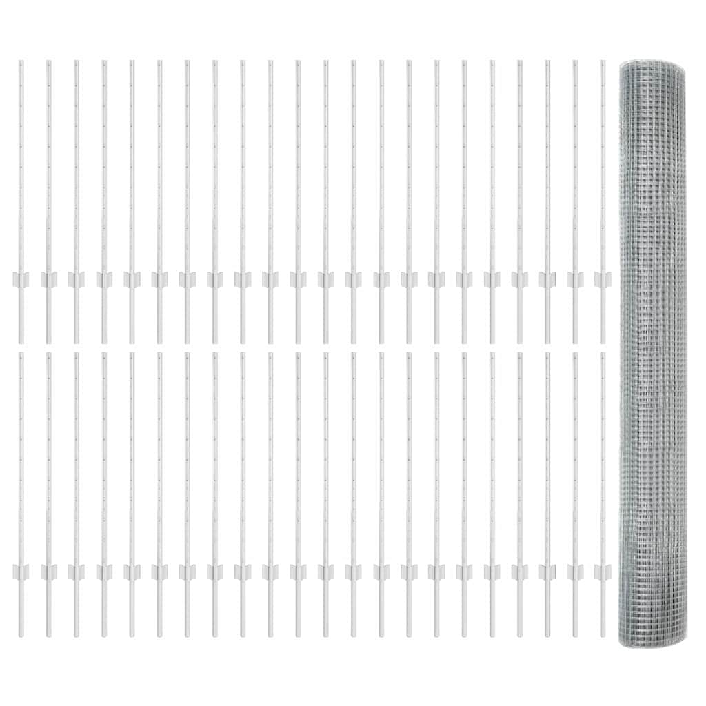 Zaun mit Pfosten Silber 1 x 100 m Stahl
