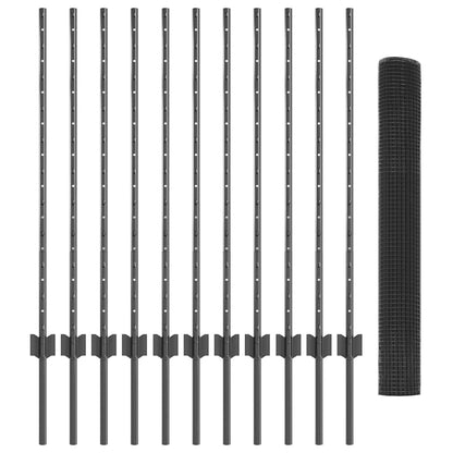 Zaun mit Pfosten Grau 1 x 25 m Stahl