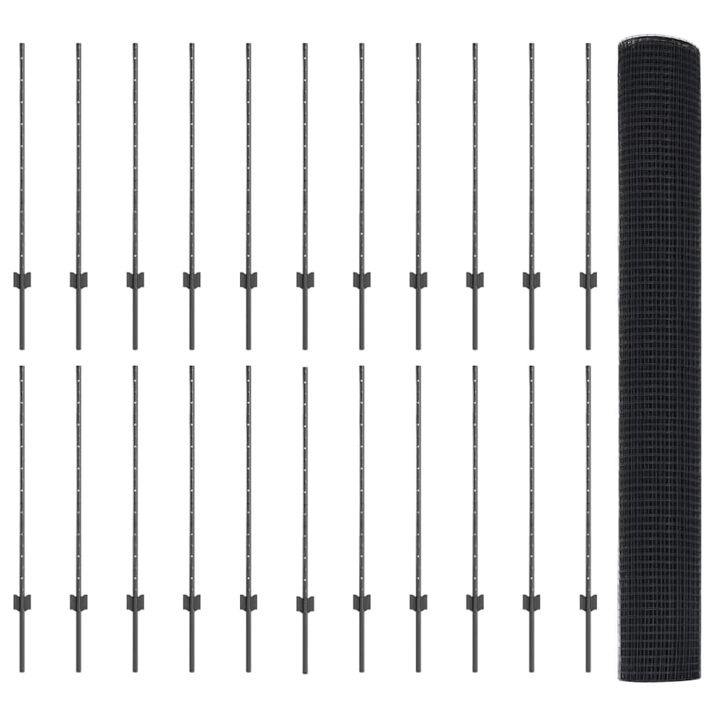 Zaun mit Pfosten Grau 1 x 50 m Stahl