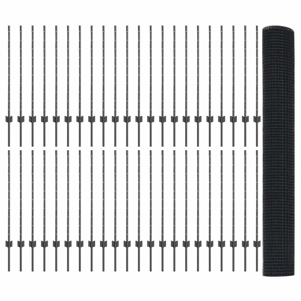 Zaun mit Pfosten Grau 1 x 100 m Stahl