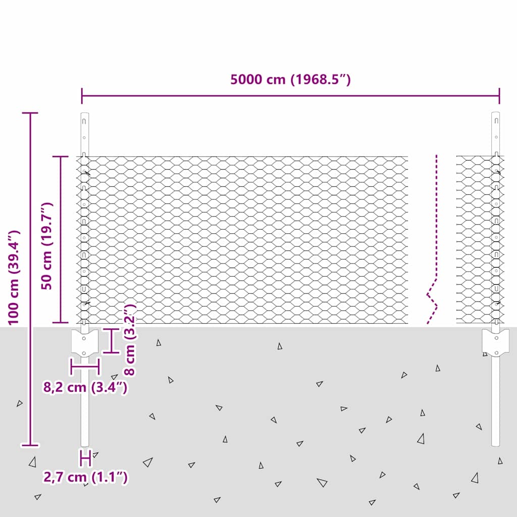 Zaun mit Pfosten Grau 0,5 x 50 m Stahl