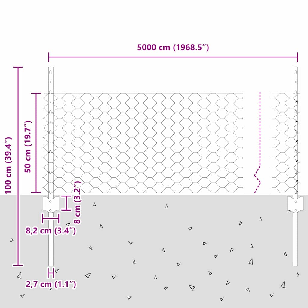 Zaun mit Pfosten Grau 0,5 x 50 m Stahl