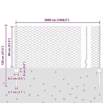 Zaun mit Pfosten Grau 0,8 x 50 m Stahl