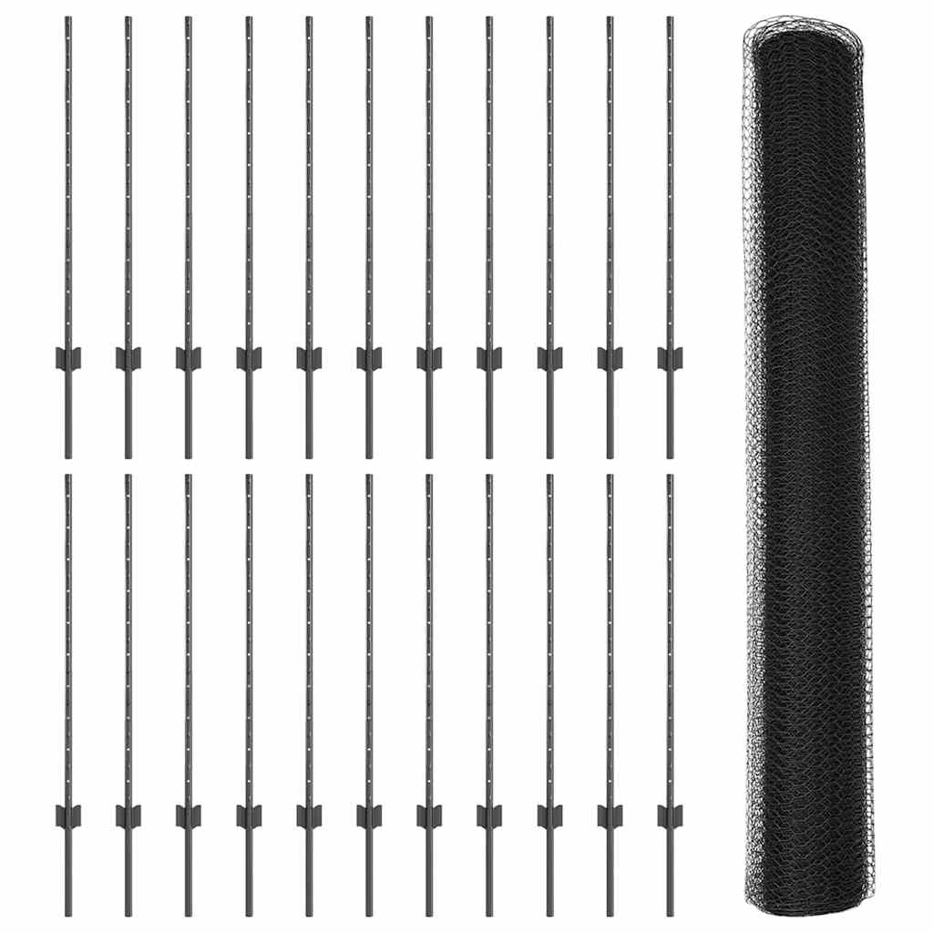 Zaun mit Pfosten Grau 1 x 50 m Stahl