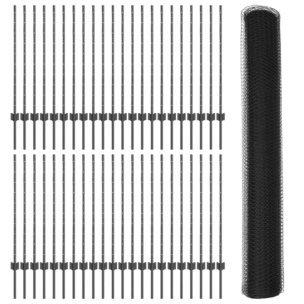 Zaun mit Pfosten Grau 1 x 100 m Stahl