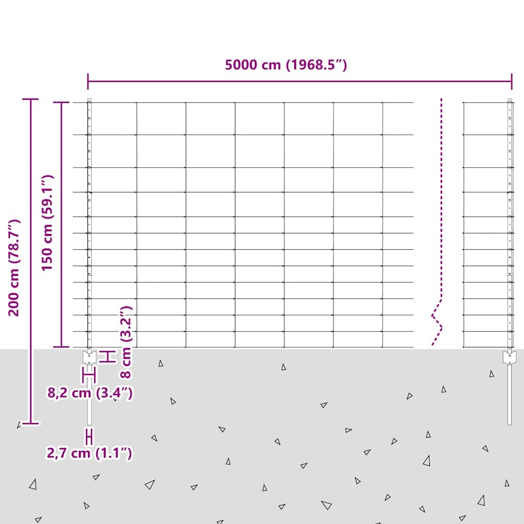 Zaun mit Pfosten Silber 1.5 x 50 m Stahl