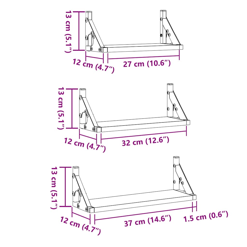 Wandregal-Set 3 pcs Eiche handwerklich 37 x 12 x 13 cm