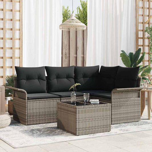 Garten-Sofa-Set mit Kissen 5 pcs Grau Poly Rattan