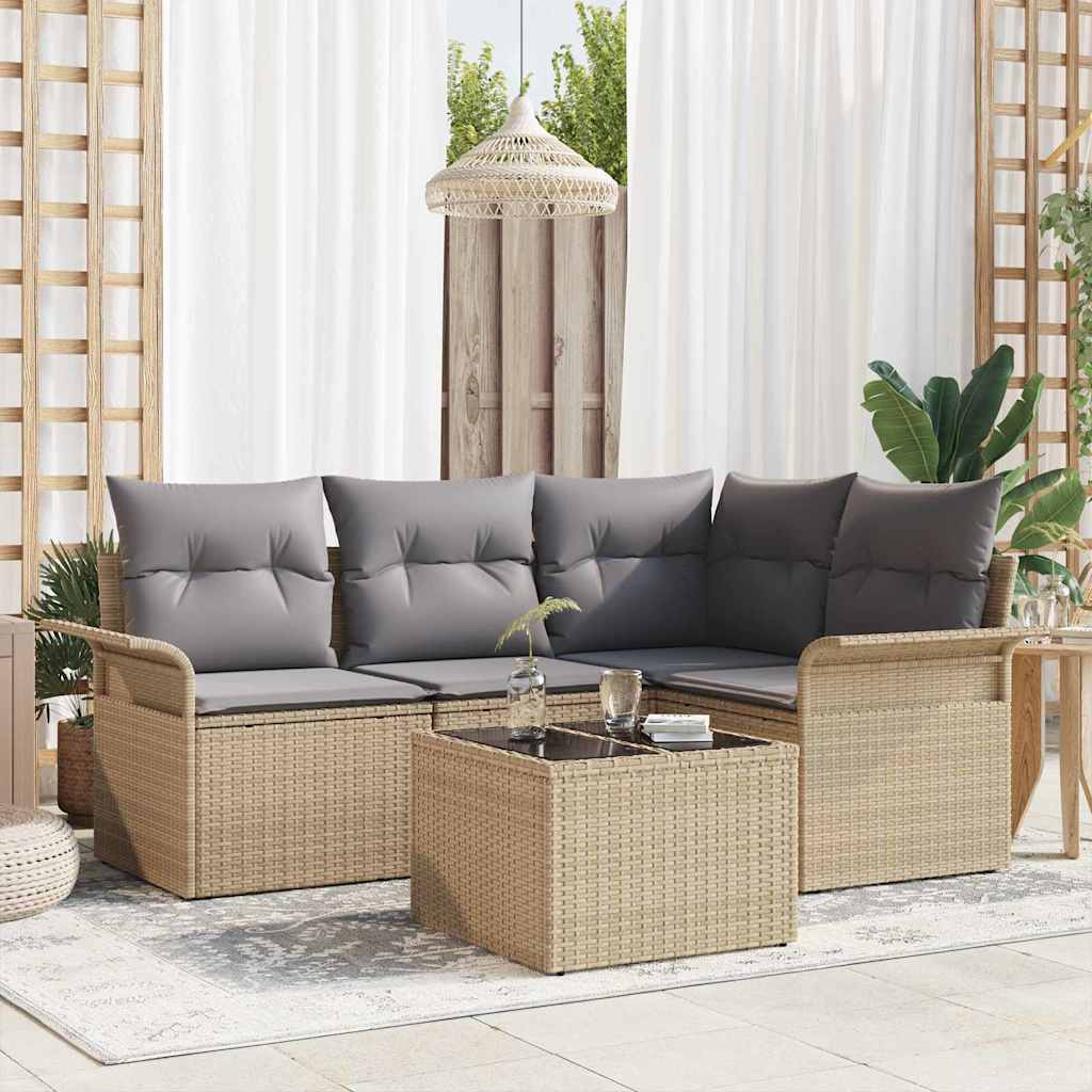 Garten-Sofa-Set mit Kissen 5 pcs Beige Poly Rattan