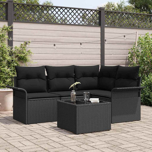 Garten-Sofa-Set mit Kissen 5 pcs Schwarz Poly Rattan