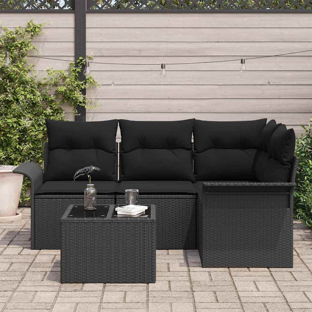 Garten-Sofa-Set mit Kissen 5 pcs Schwarz Poly Rattan