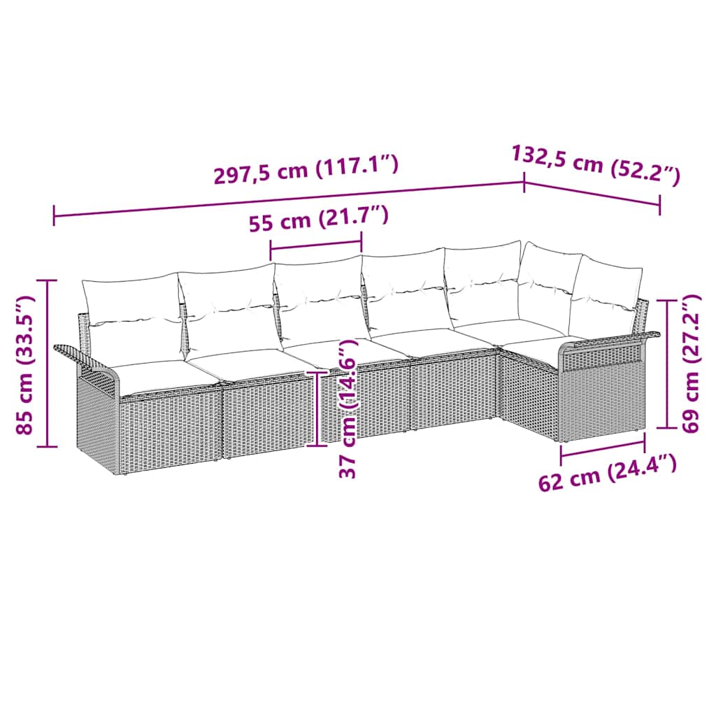Garten-Sofa-Set mit Kissen 6 pcs Braun Poly Rattan