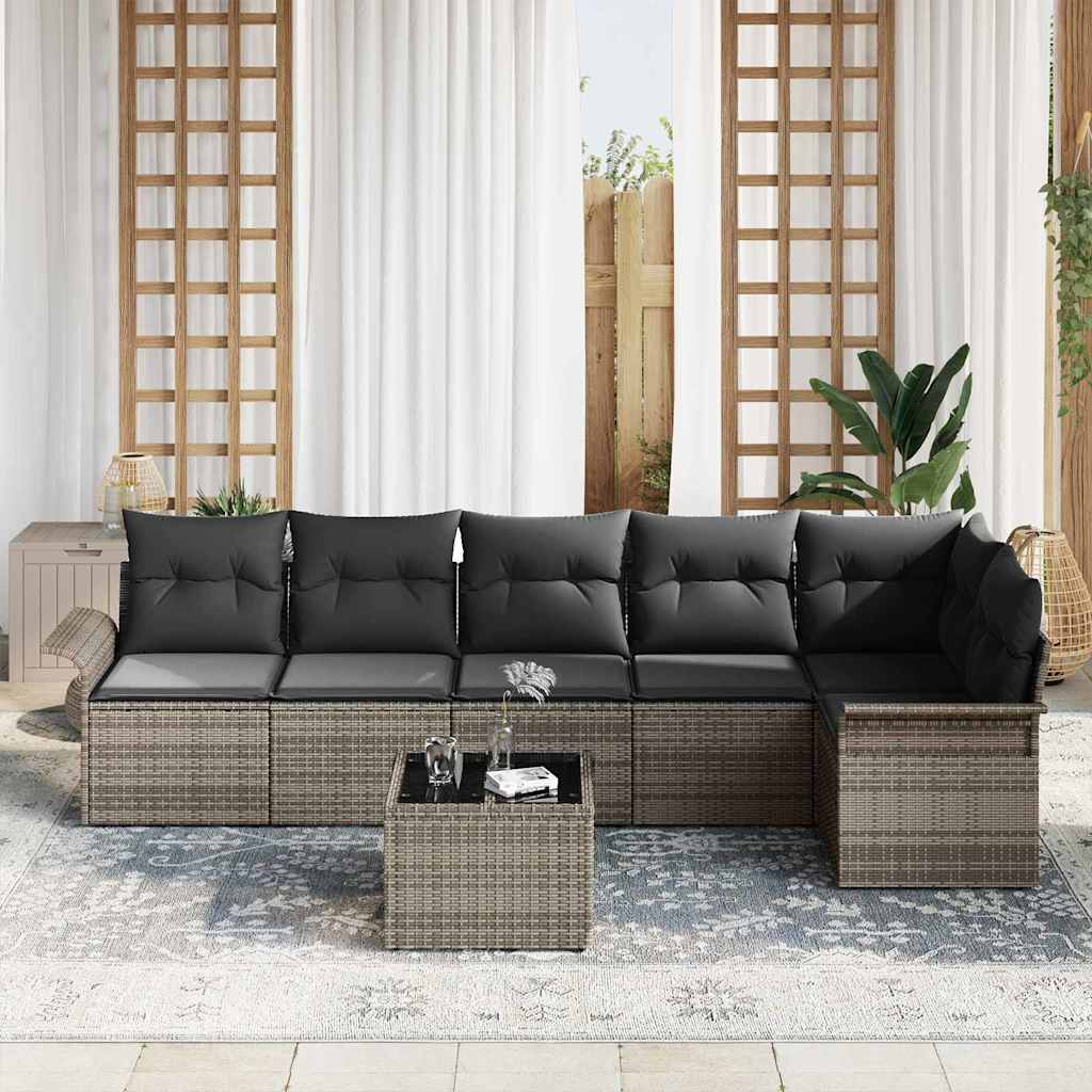 Garten-Sofa-Set mit Kissen 7 pcs Grau Poly Rattan