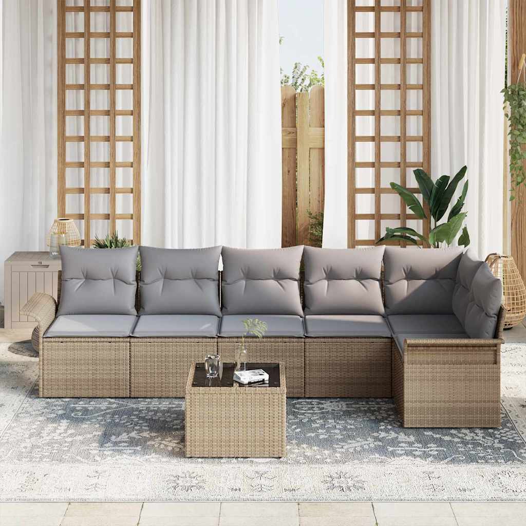 Garten-Sofa-Set mit Kissen 7 pcs Beige Poly Rattan