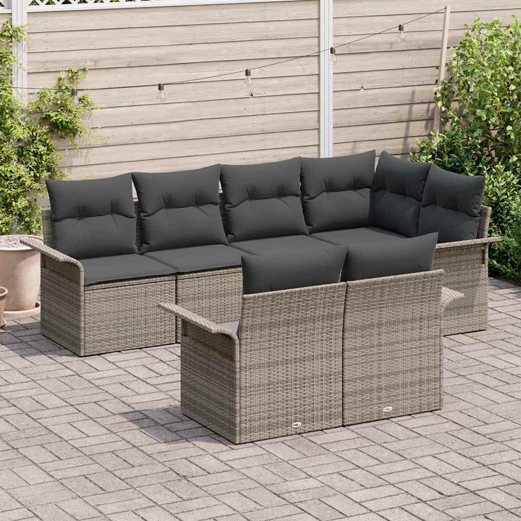Garten-Sofa-Set mit Kissen 7 pcs Grau Poly Rattan