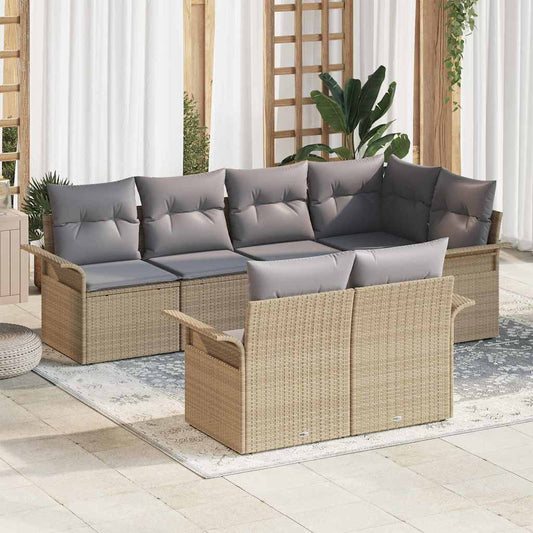 Garten-Sofa-Set mit Kissen 7 pcs Beige Poly Rattan