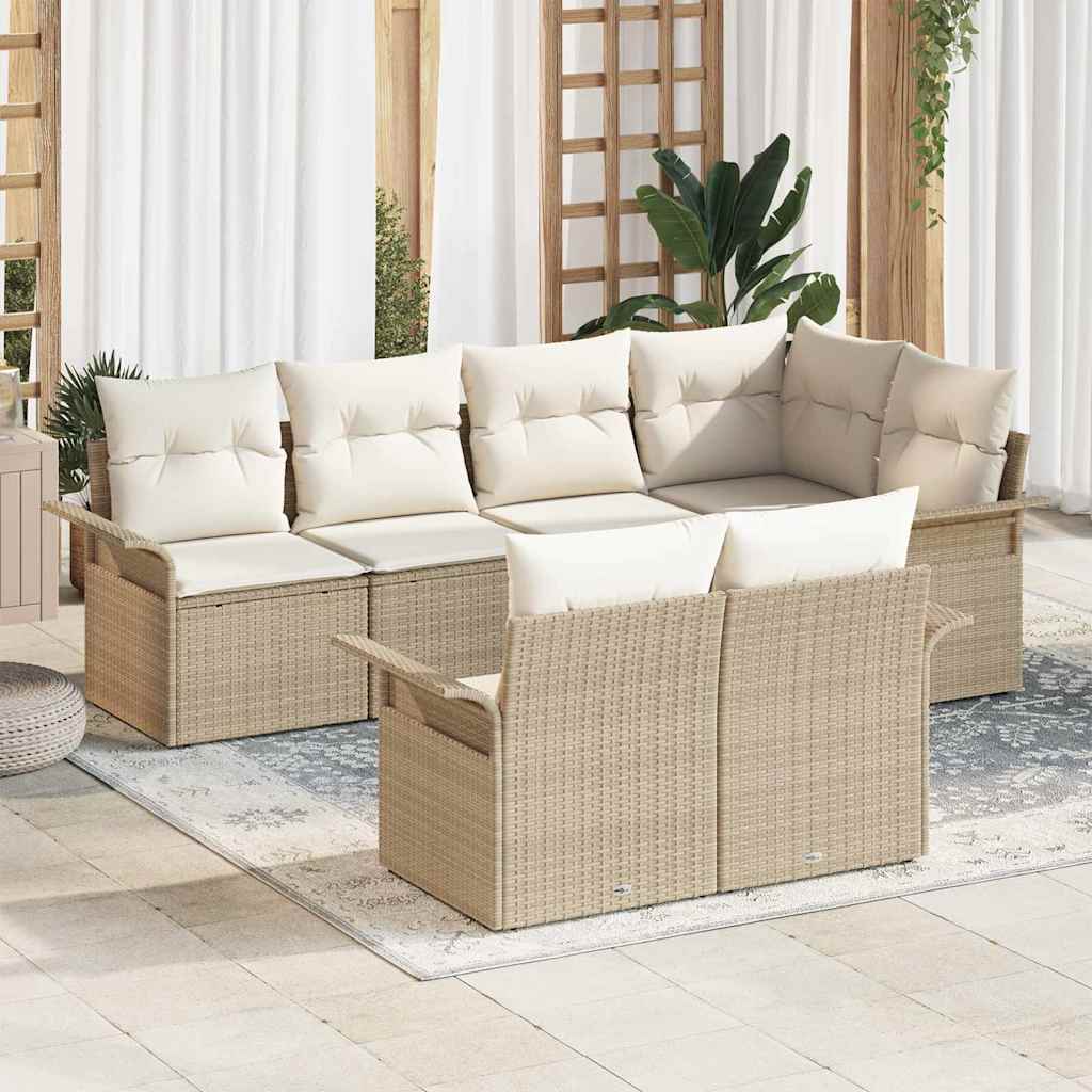 Garten-Sofa-Set mit Kissen 7 pcs Beige Poly Rattan