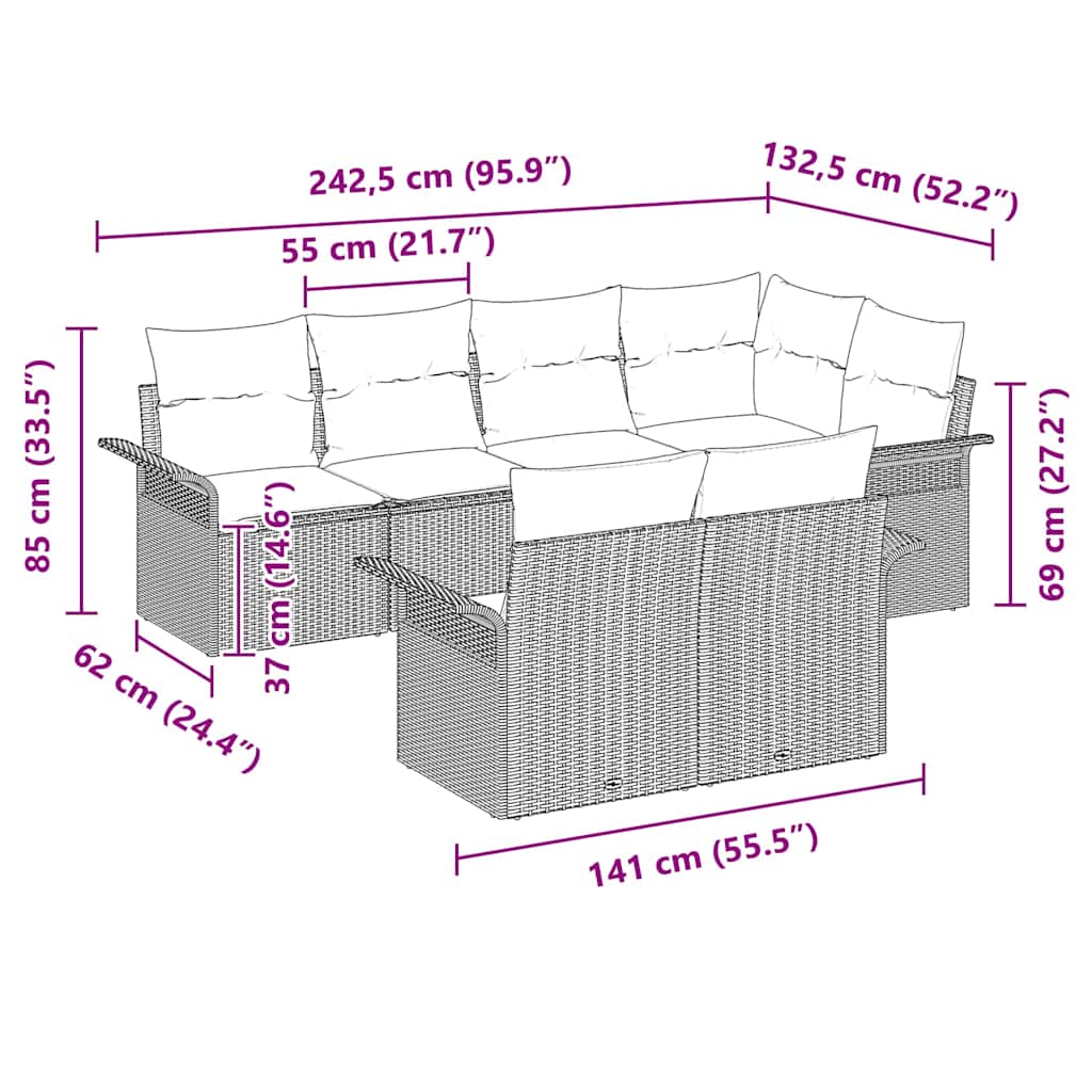 Garten-Sofa-Set mit Kissen 7 pcs Beige Poly Rattan