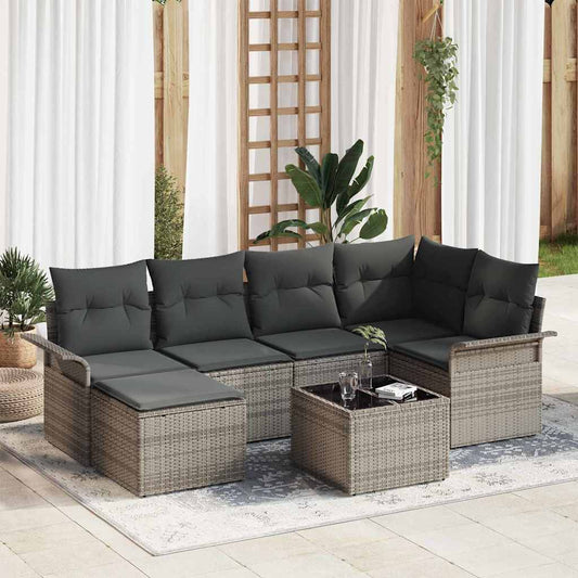 Garten-Sofa-Set mit Kissen 7 pcs Grau Poly Rattan