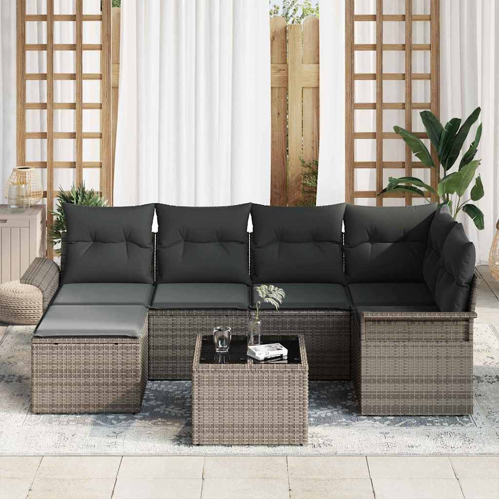 Garten-Sofa-Set mit Kissen 7 pcs Grau Poly Rattan