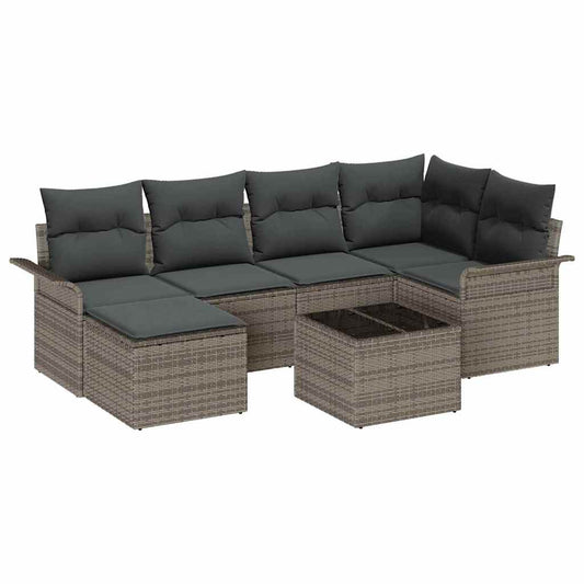Garten-Sofa-Set mit Kissen 7 pcs Grau Poly Rattan