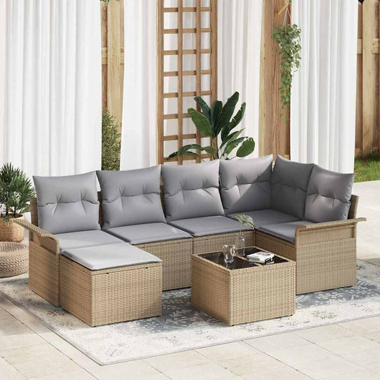 Garten-Sofa-Set mit Kissen 7 pcs Beige Poly Rattan