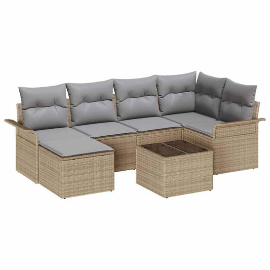 Garten-Sofa-Set mit Kissen 7 pcs Beige Poly Rattan