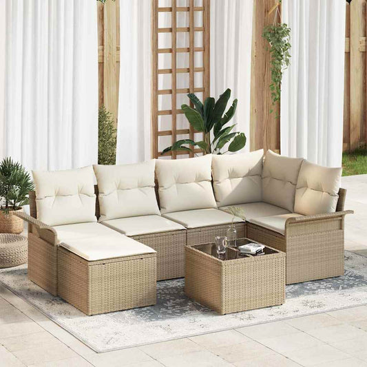 Garten-Sofa-Set mit Kissen 7 pcs Beige Poly Rattan