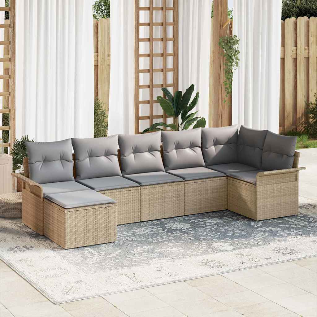 Garten-Sofa-Set mit Kissen 7 pcs Beige Poly Rattan