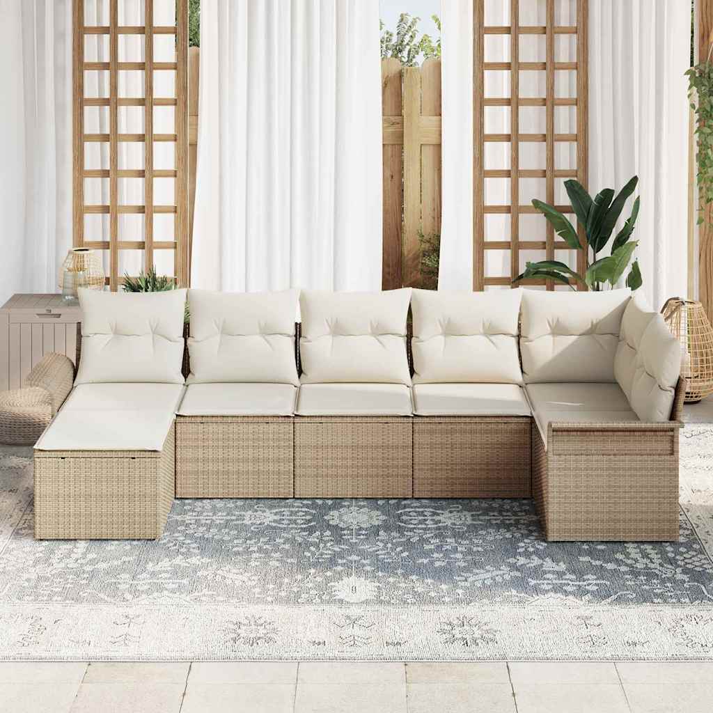 Garten-Sofa-Set mit Kissen 7 pcs Beige Poly Rattan