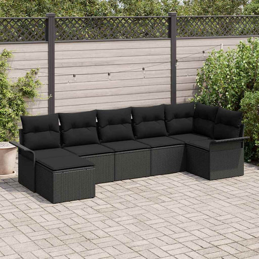 Garten-Sofa-Set mit Kissen 7 pcs Schwarz Poly Rattan