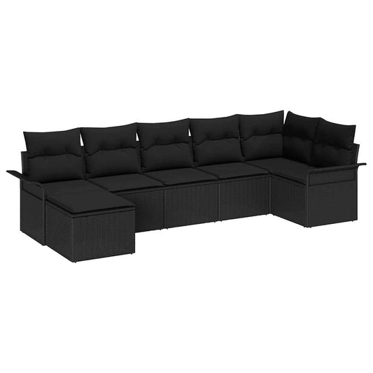 Garten-Sofa-Set mit Kissen 7 pcs Schwarz Poly Rattan