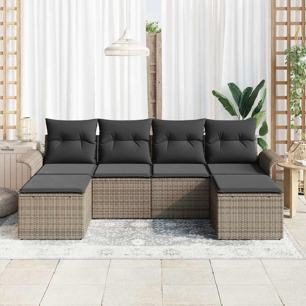 Garten-Sofa-Set mit Kissen 6 pcs Grau Poly Rattan