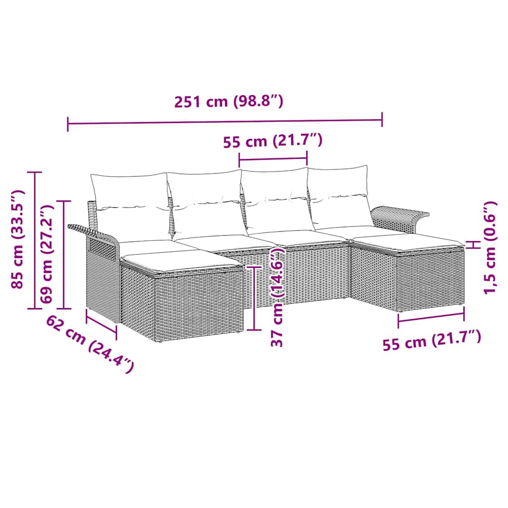 Garten-Sofa-Set mit Kissen 6 pcs Grau Poly Rattan