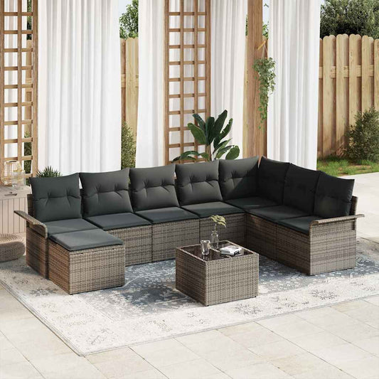 Garten-Sofa-Set mit Kissen 9 pcs Grau Poly Rattan