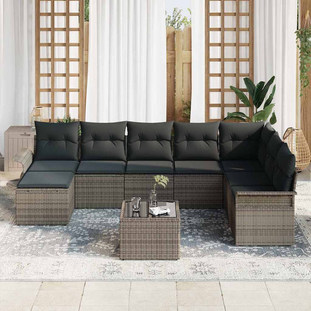 Garten-Sofa-Set mit Kissen 9 pcs Grau Poly Rattan
