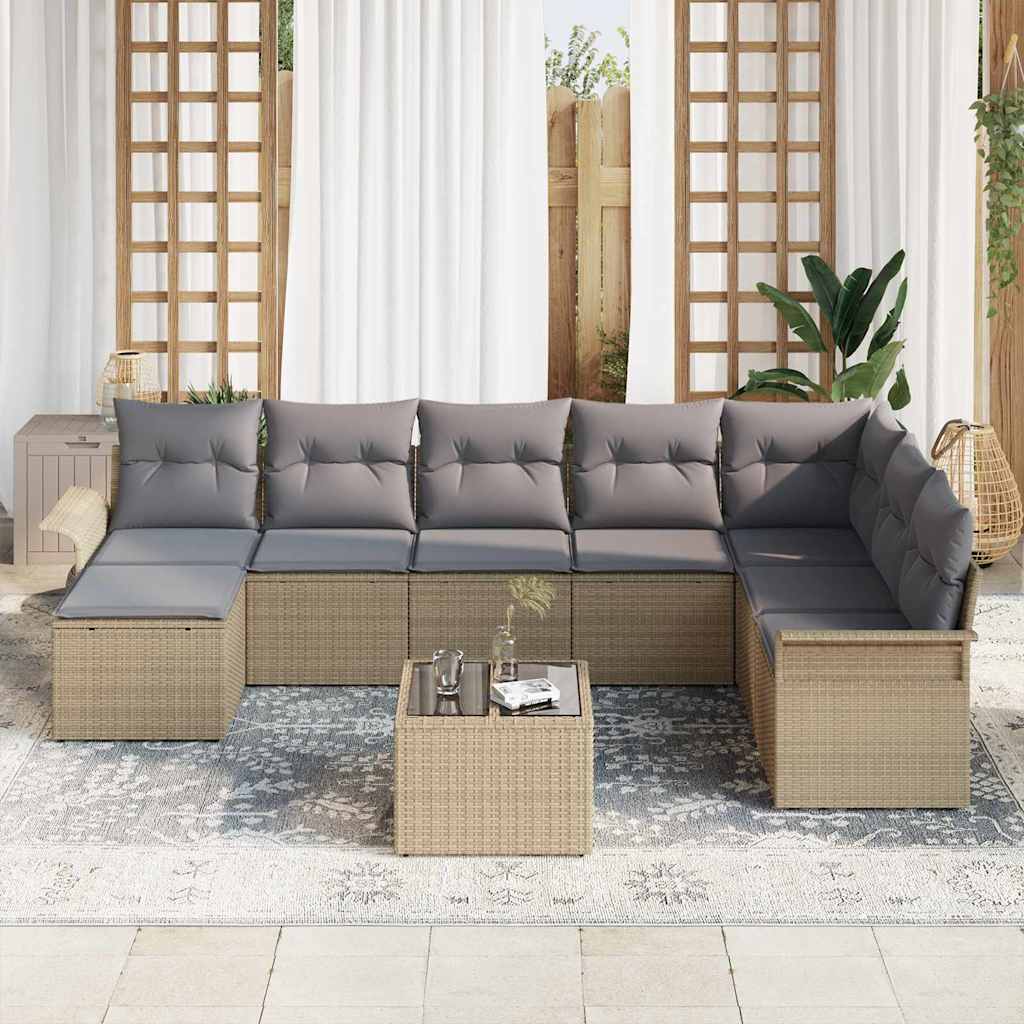 Garten-Sofa-Set mit Kissen 9 pcs Beige Poly Rattan