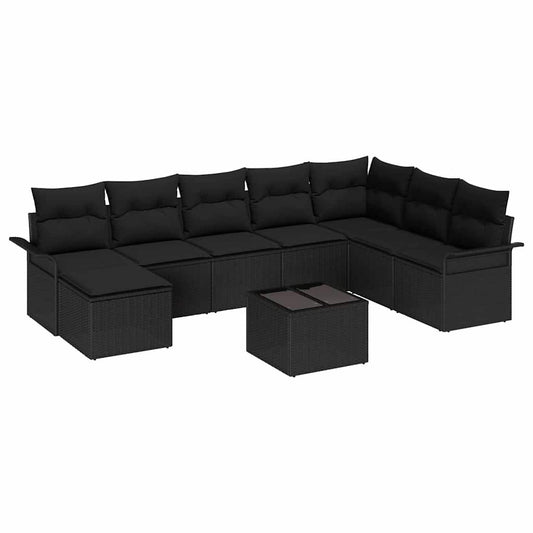 Garten-Sofa-Set mit Kissen 9 pcs Schwarz Poly Rattan