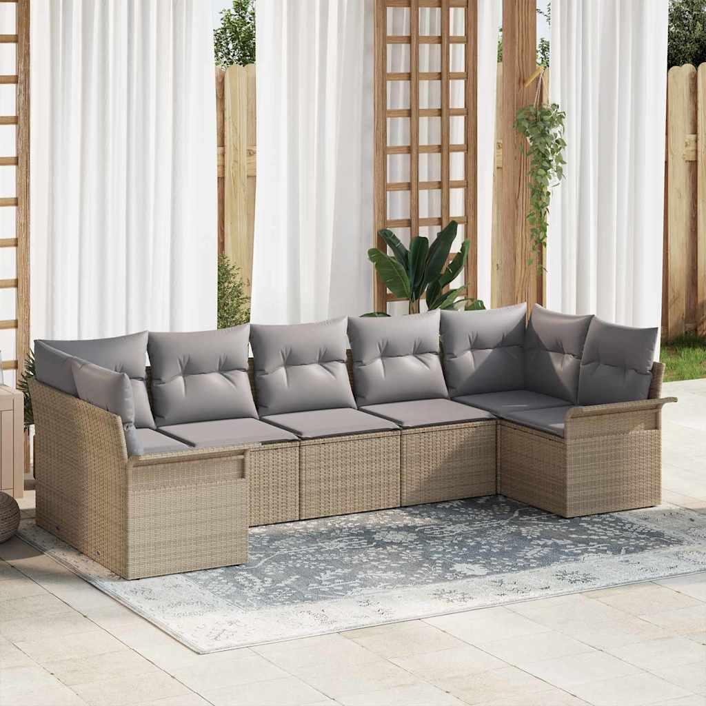 Garten-Sofa-Set mit Kissen 7 pcs Beige Poly Rattan
